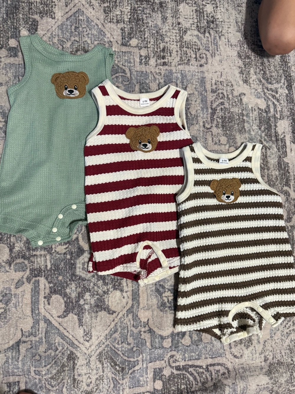 Striped Knit Bear Appliqué One-Piece Romper - Green, Red & Brown Options
